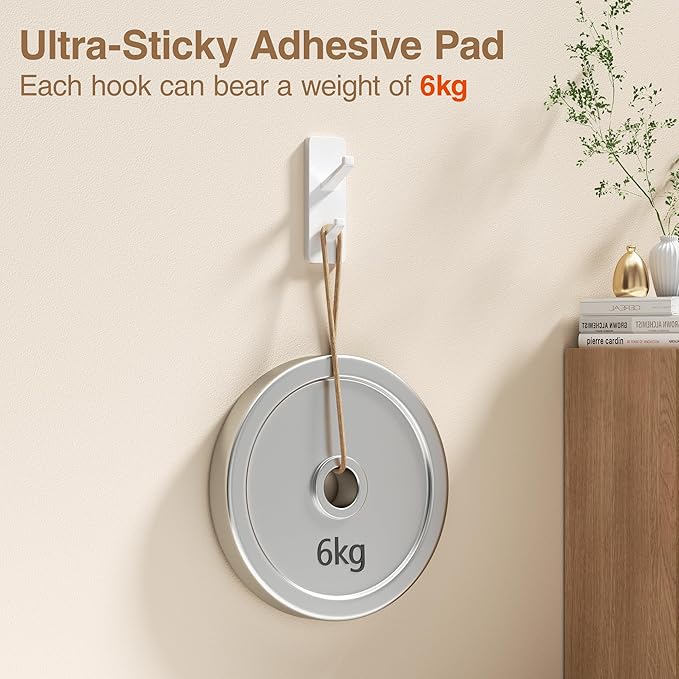 Self Adhesive Wall Hooks for Hanging: Stick on Hold 13 LB,Towel Hooks for Bathroom Kitchen, Shower Door Hanger for Coat, Metal, Stainless, White 6 Pack