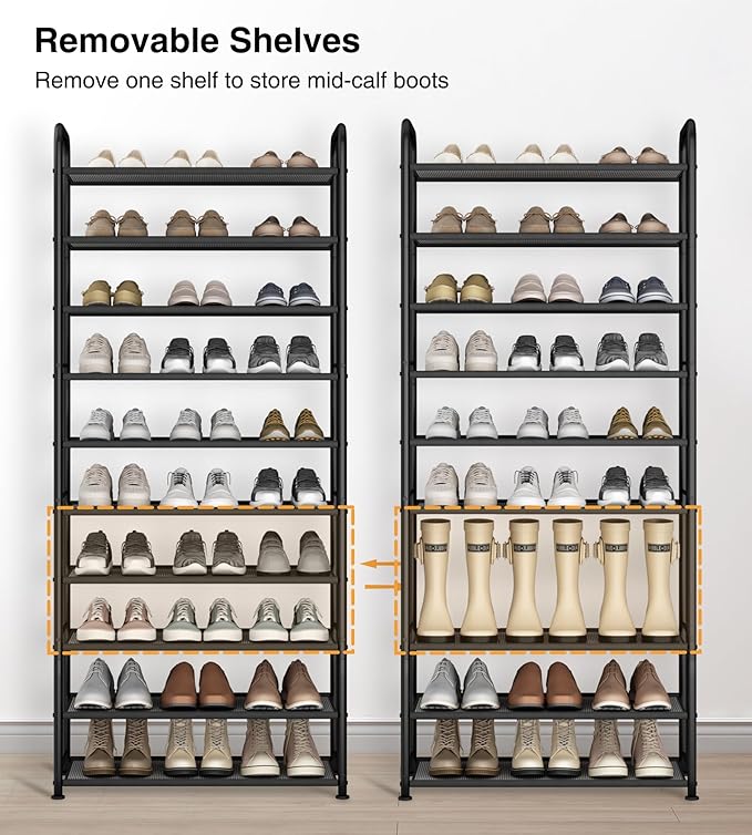 STO STO 10-Tier Shoe Rack with Sturdy Mesh Shelves, Tall Metal Shoe Organizer for Entryway, Closet, Garage, Front Door, Holds 30 Pairs, Free Standing Large Shoe Storage Shelf, Adjustable Feet, Black-NeatNest