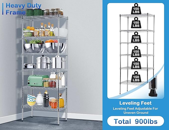 6-Tier Metal Wire Shelving Unit Snack Shelf Height Adjustable Storage Rack NSF Certified Storage Shelves 900 Lbs Capacity Standing Utility Shelf for Laundry Kitchen Pantry Garage Organization