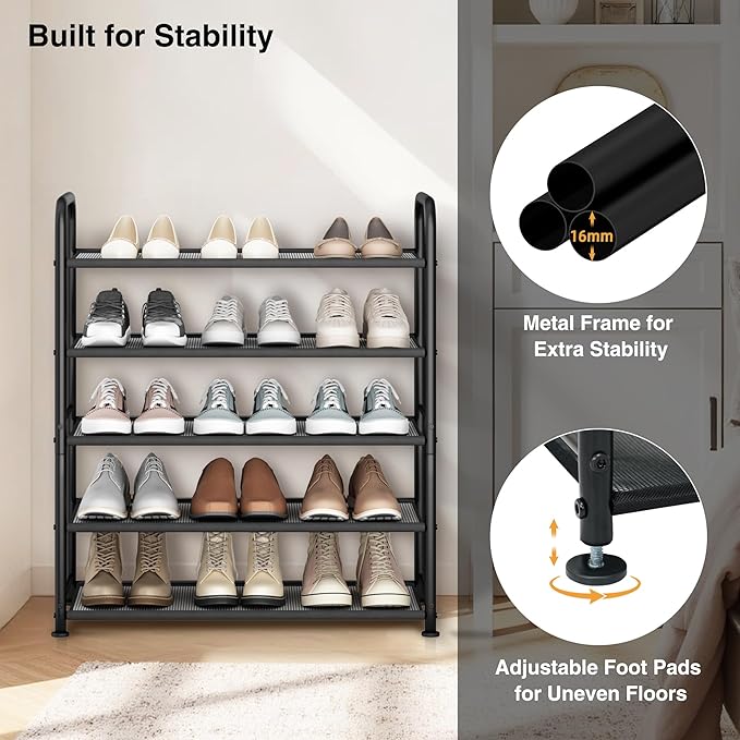 STO STO 5-Tier Shoe Rack with Sturdy Mesh Shelves, Heavy Duty Metal Shoe Organizer for Entryway, Closet, Garage, Front Door, Holds 15 Pairs, Free Standing Shoe Storage Shelf, Adjustable Feet, Black-NeatNest