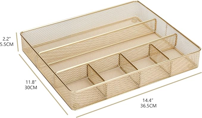 Annova Desk Top Organizer Tray for Office Organization - Metal Mesh - Storage Tray with Dividers for Pens, Desktop Accessories, Bathroom, Kitchen, Makeup and Office Supplies (Large, Gold)-NeatNest
