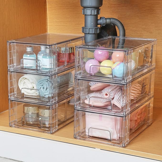 Vtopmart 10 Pack Stackable Storage Drawers,Clear Acrylic Drawer Organizers with Handles, Easily Assemble Containers for Fridge, Bathroom,Kitchen Undersink,Cabinet,Pantry Organization and Storage-NeatNest