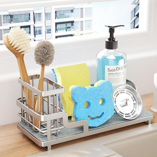 Consumest Sponge Holder for Kitchen Sink - Sink Caddy Organizer with Water Absorbing Stone Tray, Detachable Brush Holder, Stainless Steel Kitchen Counter Organizer Rack, Sand Nickel-NeatNest