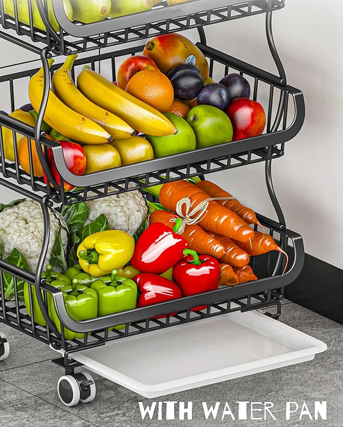 MURRI&MURRDI Fruit Vegetable Storage Baskets with Wheels, 6 Tier Stackable Wire Storage Baskets with Wheels Produce Basket for Kitchen Rack Storage Cart for Pantry Snack Cart (A Black 6 Layer)
