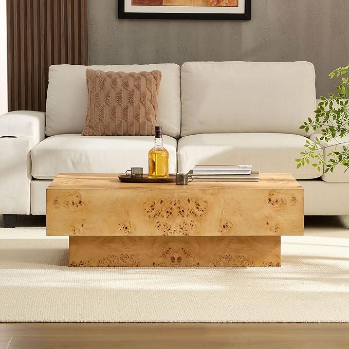 43.31'' Rectangle Fluted Drum Coffee Table for Living Room, Handcrafted Pedestal Accent Coffee Table for Home Office - 43.31'' W x 25.59''D Burl Wood Veneer