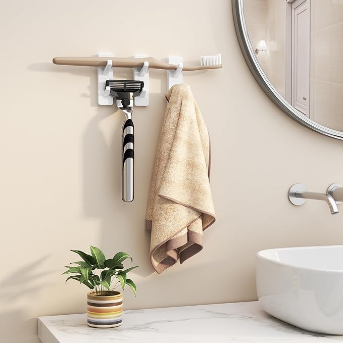 Self Adhesive Wall Hooks for Hanging: Stick on Hold 13 LB,Towel Hooks for Bathroom Kitchen, Shower Door Hanger for Coat, Metal, Stainless, White 6 Pack
