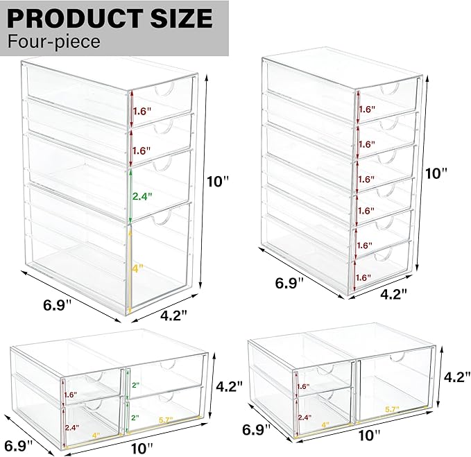 Prsildan Acrylic Drawer Organizer with 17 Drawers, Craft Office Desk Makeup Organizers Accessories, Set of 4 Clear Stackable Storage Drawers for Vanity, Countertop, Jewelry, Art Supply Organization-NeatNest
