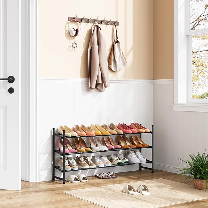 Tajsoon Expandable Shoe Rack for Closet 3 Tier, 28“-41“Adjustable & Stackable Shoe Shelf Storage, Metal Shoe Rack Organizer for Front Door Entrance, Closet, Garage, Entryway, Black-NeatNest