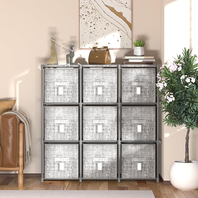 9 Cube Closet Organizer with Beautiful Printed Drawers + Labels, Storage Shelf, Toy Cubby Organizer-NeatNest