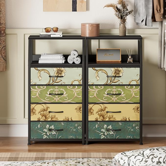 Furnulem Retro Dresser for Bedroom, Small Dresser for Closet, Vintage Nightstand with 4 Drawers, Fabric Storage Organizer Bedside Table Side Furniture, Metal Frame, Wood Top-NeatNest