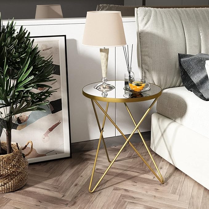 HLR Modern Round Side Table, End Table with Marble Effect Top and Gold Metal Frame, Small Side Table for Living Room, Bedroom, Sofa and Couch, Gold Legs, Mirror top