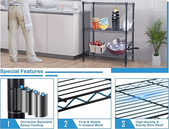 3 Tier Shelf Organizer Kitchen Shelving Bathroom Organizer Metal Wire Shelving Unit Height Adjustable, Bathroom Storage Shelves Laundry Room Storage Shelves, 24x14x30 in, 450 Lbs Capacity