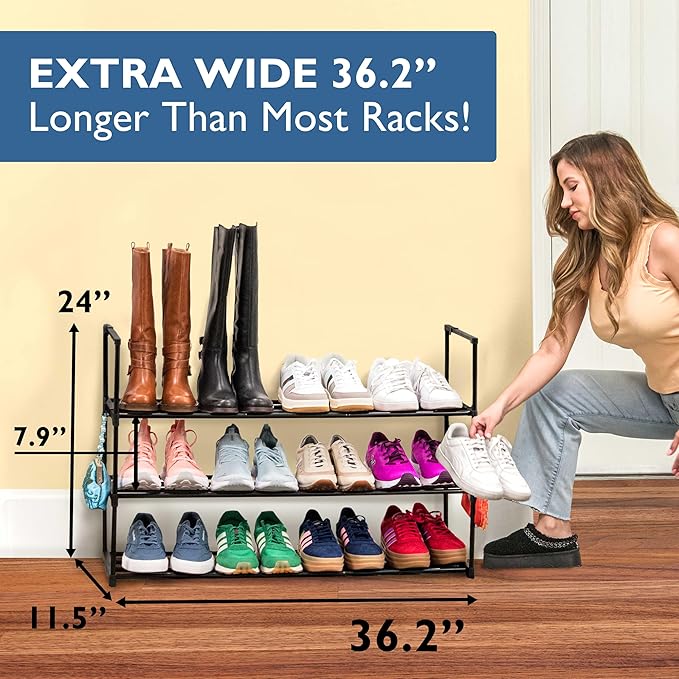 Sundaze Shoe Rack - 3 Tier Metal Shoe Rack for Front Door Entrance, Sturdy Long Shoe Organizer for Closet, Bedroom, Entryway, Garage, Black Metal Shoe Shelf, Holds Up to 15 Pairs-NeatNest