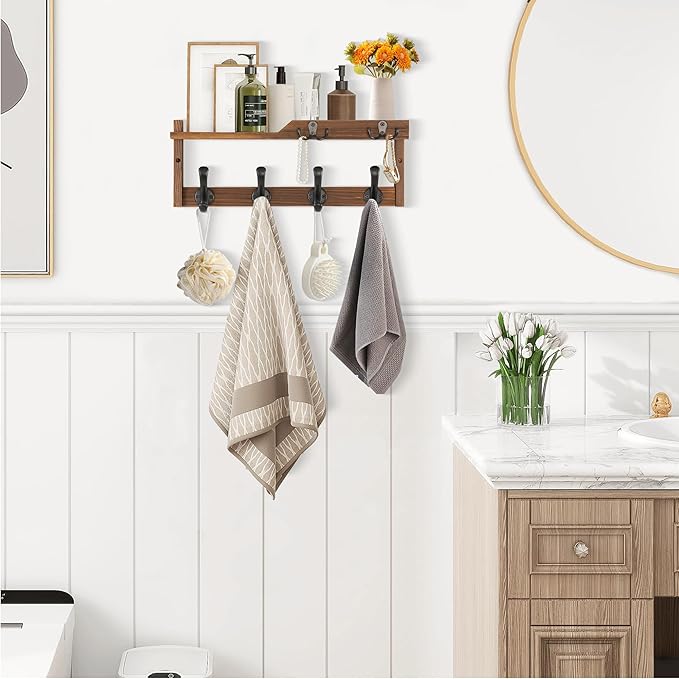 Coat Rack Wall Mount with Shelf, Coat Hanger Wall Mount with Key Hooks and Mail Holder, Wood Entryway Floating Shelf with Hooks and Storage, Hat Rack for Wall Key Holder Mail Organizer-NeatNest