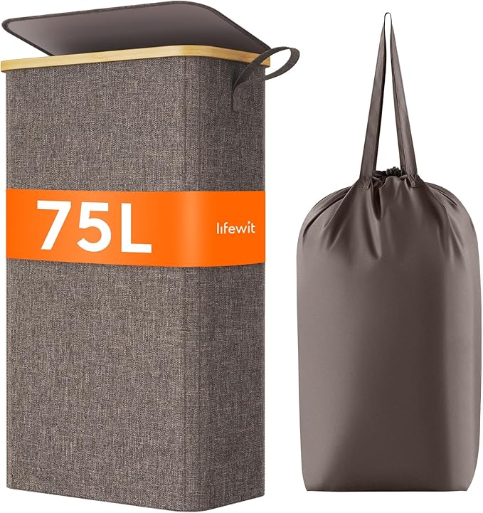 Lifewit 75L Slim Laundry Hamper with Lid, Narrow Laundry Basket with Removable Bag & Bamboo Handles, Fodable Thin Dirty Clothes Hamper for Laundry Collapsible Bin for Bathroom Bedroom Dorm, Brown-NeatNest