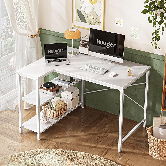 Huuger L Shaped Desk, 39 Inches Computer Desk with Reversible Storage Shelves, for Gaming Corner Home Office Writing Study, Metal Frame, White-NeatNest