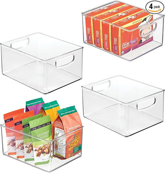 InterDesign iDesign Plastic Stackable Pantry Bin - Organizer Bin with Handles for Cabinets or Fridge - Set of 4 - Clear