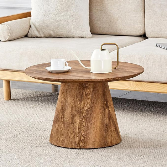 25.6" Small Round Coffee Table, Wood Mid Century Modern Coffee Tables with Pedestal Base, Space Saving Circle Center Table for Living Room, Small Space, Apartment (Wood)