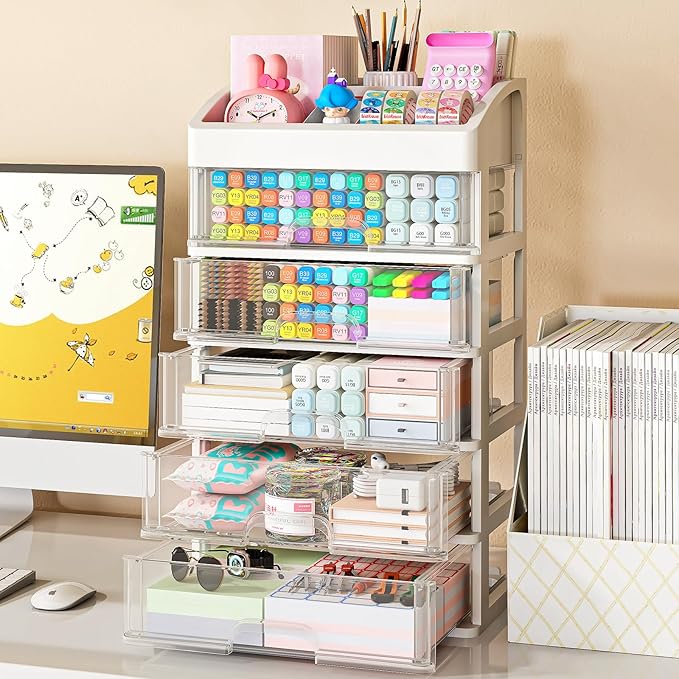 Desk Organizer with Drawers, 5 Drawers Storage Organizer, Desktop Storage Drawers for Office Supplies, Plastic Stationary Organizer, Makeup Organizer, Desk Storage Box for Office, School, Home-NeatNest