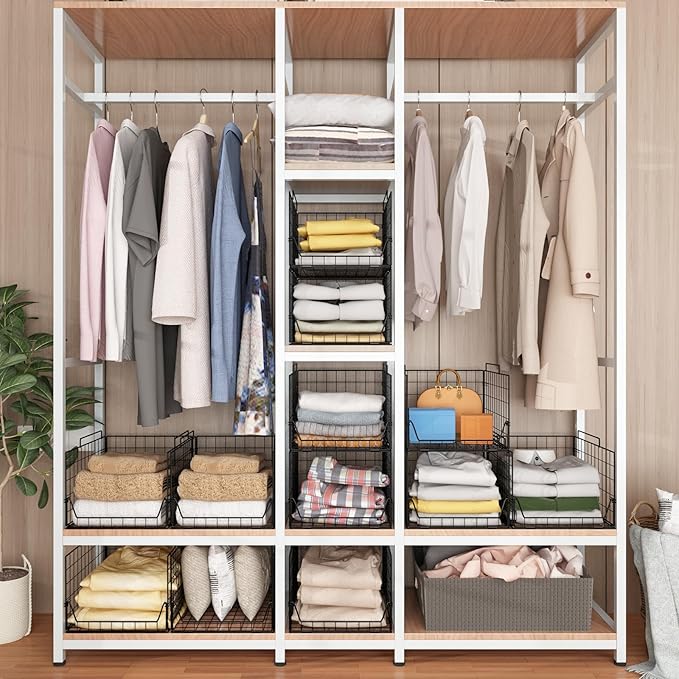 Stackable Closet Organizers and Storage Bins 4 Pack, Sturdy Metal Clothes Storage Container for Clothes Pants Sweaters, Black Folded Drawer Shelf Organizer for Closet Wardrobe