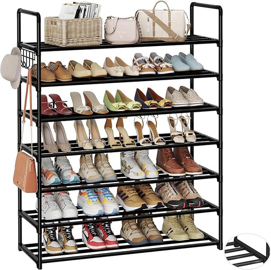 Metal Shoe Organizer,7 Tiers Shoe Storage Shoe Rack with Hooks,Fit 28-35 Pairs,Adjustable Shoe Shelf for Entryway,Hallway,Bedroom,Metal Bottom Support-NeatNest