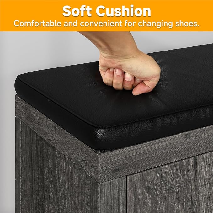 40" Shoe Storage Bench with Flip Drawers & Padded Seat Cushion, Adjustable Shelf, Slatted Doors Entryway Bench Shoe Cabinet with Bench for Entryway Living Room Bedroom, Oak Grey