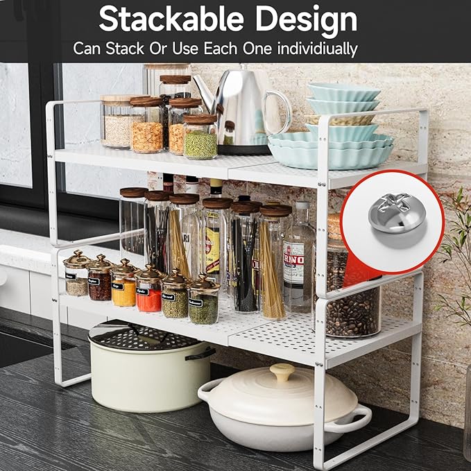 2Pack Expandable Cabinet Countertop Shelves 16.5-27’’L, Adjustable Metal Spice Rack Organizer, Stackable Kitchen Counter Storage Shelves Organizers for Cabinet Organization, White-NeatNest