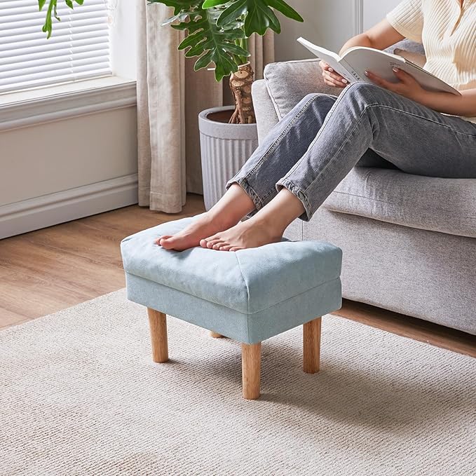 YMYNY 15.75" Small Footstool Ottoman, Footrest with Sponge Padded Seat, Step Stool for Sofa, Bedroom, Living Room, Entryway, Modern Change Shoes Stool, Wood Legs, Greenish Blue, UHBD023T