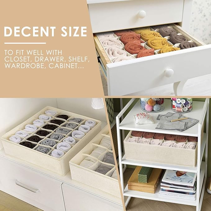 Criusia 3 Pack Sock Underwear Drawer Organizer Dividers, 64 Cell Fabric Foldable Cabinet Dresser Closet Organizers and Storage Boxes for Organizing Socks, Underwear, Ties (16+24+24 Cell, Beige)-NeatNest