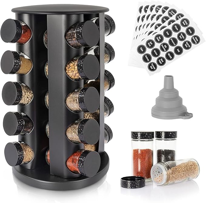 Black Countertop Rotating Spice Rack, Round Empty 20-Jars Revolving Spice Rack Organizer, 135 Spice Labels with Funnel Complete Set, for Kitchen Countertop, Cabinet-NeatNest