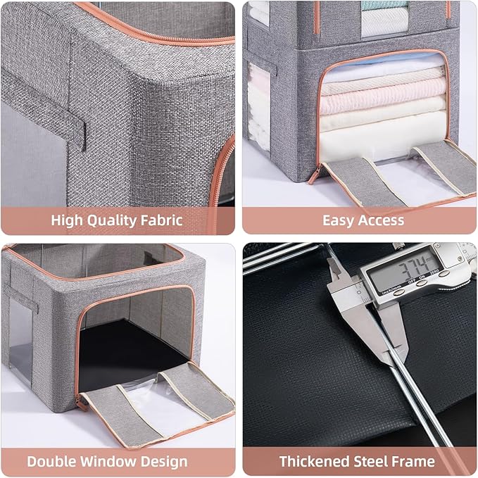 100L Stackable Clothes Storage Bins with Metal Frame Handles & Zipper, Collapsible Closet Organizer Box with Lid for Bedding Blankets Towel (Grey,1 pack)-NeatNest