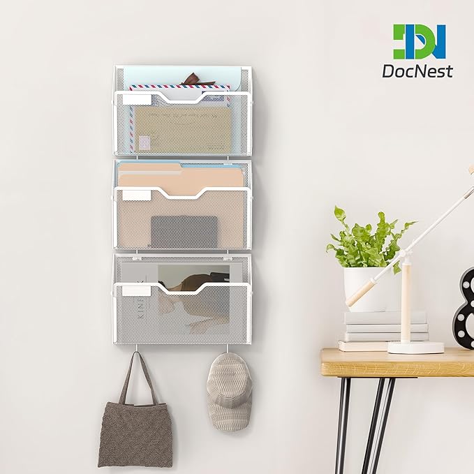 Docnest 6 Pack Hanging Wall File Holders, Mesh Wall Letter File Holder, Wall Mounted Mail Paper Document Folder Holder with Hooks for Office, Home, School, White