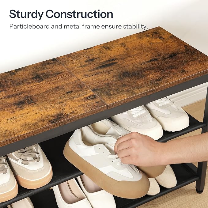 HOOBRO Shoe Bench, 3-Tier Shoe Rack with Oxford Fabric Shelves, 29.5" L Shoe Storage Organizer, Holds 6-8 Pairs of Shoes for Entryway and Hallway, Lightweight, Rustic Brown and Black BF77HX01
