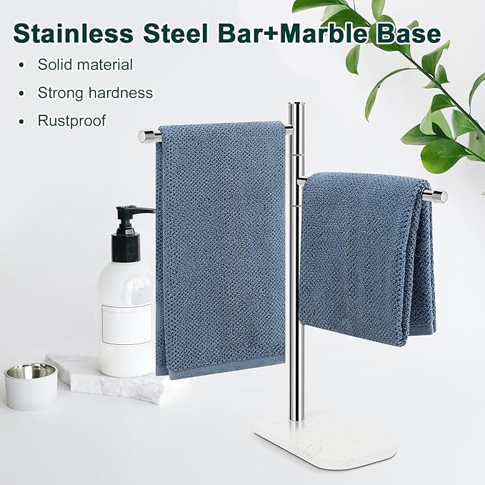 Hand Towel Holder, F-Shape Hand Towel Stand with Marble Base, Stainless Steel Swivel Hand Towel Rack Bar Standing for Bathroom Kitchen Countertop, 2 Arms (Chrome Finish)