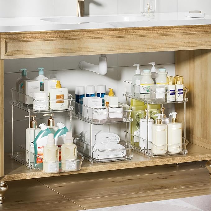 Delamu 3 Pack Bathroom Organizers and Storage, 2 Tier Clear Under Sink Organizer, Pull Out Medicine Cabinet Organizer-NeatNest