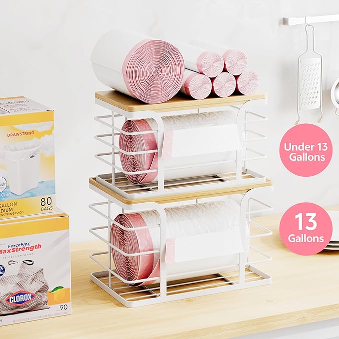2 Pack Stackable Storage Kitchen Laundry Pantry Organizers,Trash Bag Holder Wall Mount,Garbage Bag Dispenser with Bamboo Top,White Large and Small-NeatNest