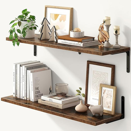Fun Memories Deep Floating Shelves, 32W x 8D Floating Shelves Set of 2, Wall Mounted Shelf with Metal Brackets, Rustic Wood Wall Shelf for Bathroom, Kitchen and Living Room, Rustic Brown-NeatNest