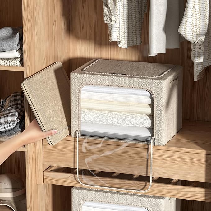 4 Pack Clothes Storage Bins with Metal Frame - Linen Fabric Foldable Stackable Container Organizer Set with Clear Window & Carry Handles & Zippers (Beige, 23.6"x16.5"x15.7")-NeatNest