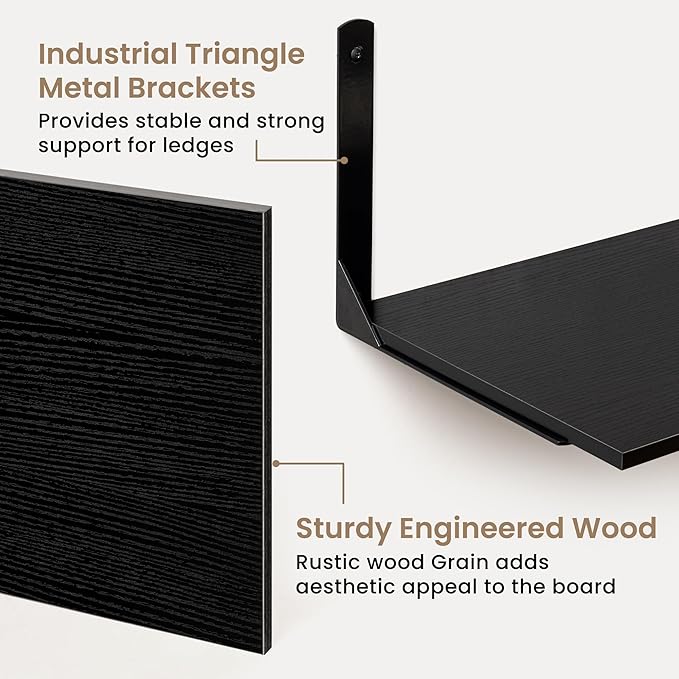 Fun Memories Floating Shelves for Wall, 12 Inch Deep Floating Shelves Set of 2, Wall Mounted Shelf with Metal Brackets, Rustic Wood Wide Shelf for Bathroom, Kitchen and Living Room, Black, 48W x 12D-NeatNest