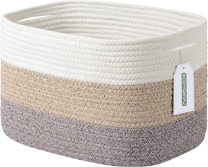 Cotton Rope Storage Basket, 15x10x9 Inches, Woven Basket for Shelves, Clothes, Toys, Towels, Books, and Laundry, Durable and Stylish, White Brown (1 Pack)-NeatNest