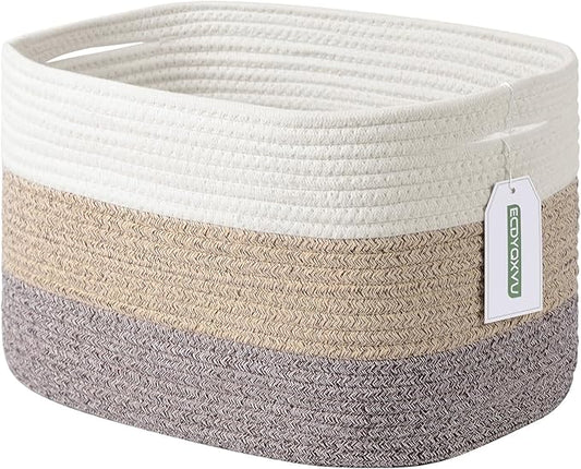Cotton Rope Storage Basket, 15x10x9 Inches, Woven Basket for Shelves, Clothes, Toys, Towels, Books, and Laundry, Durable and Stylish, White Brown (1 Pack)-NeatNest