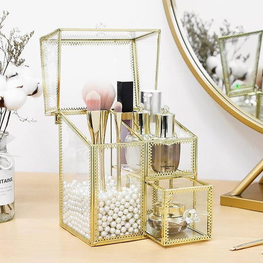 Vintage Makeup Organizer Gold Glass Brush Holder with Lid Storage Dustproof Cosmetics Case with Pearls for Vanity Decoration Jewelry Nail Brush Lipstick-NeatNest