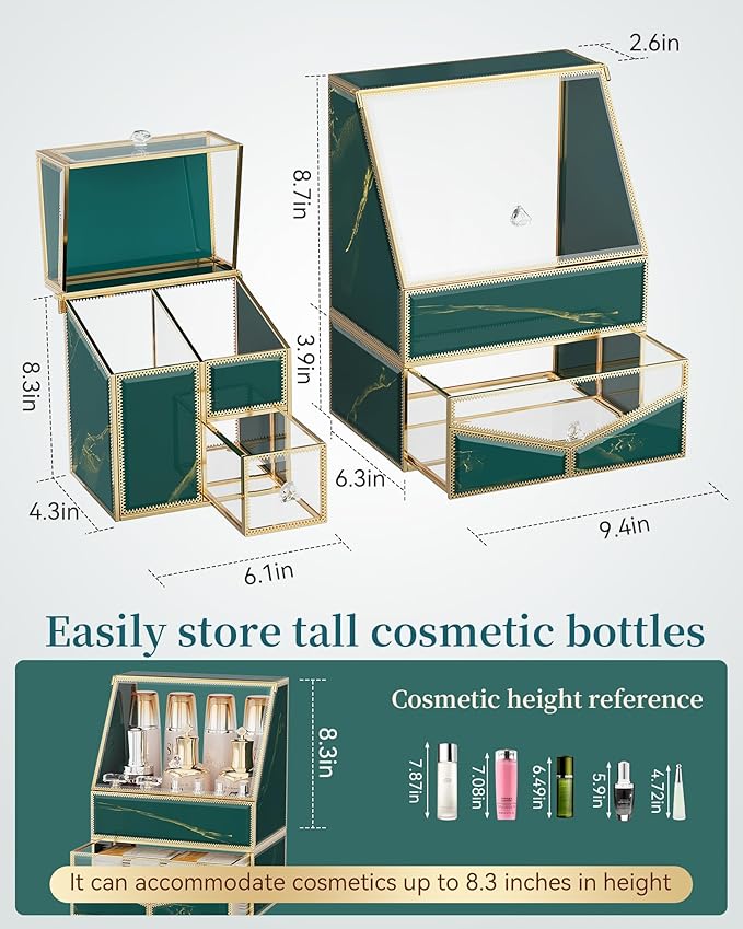 Glass Makeup Organizer for Vanity and Bathroom Countertop – Large Cosmetic Display Case and Skincare Storage Solution