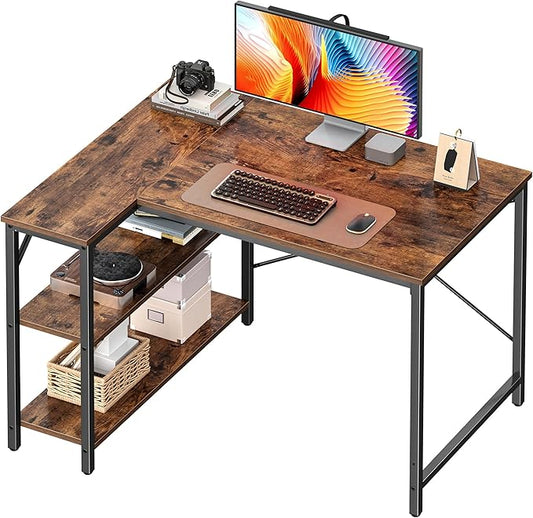 Huuger L Shaped Desk, 39 Inches Computer Desk with Reversible Storage Shelves, Gaming Desk, Corner Home Office Desks, Writing Study Desk with Metal Frame, Rustic Brown-NeatNest