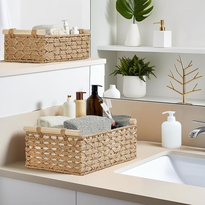 DECOMOMO Wicker Storage Basket, Back of Toilet Basket, Bathroom Organizer, Toilet Tank Tray, Countertop, Home Decor (Beige, Set of 2)-NeatNest