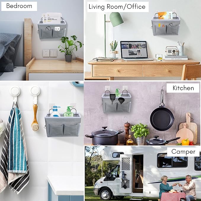 2pcs Middle Wall Hanging Organizer Bag, Linen Fabric Door Hanging Storage Basket with Pockets, Waterproof Bin for Kitchen, Bedroom, Office, RV Camper (Gray)-NeatNest
