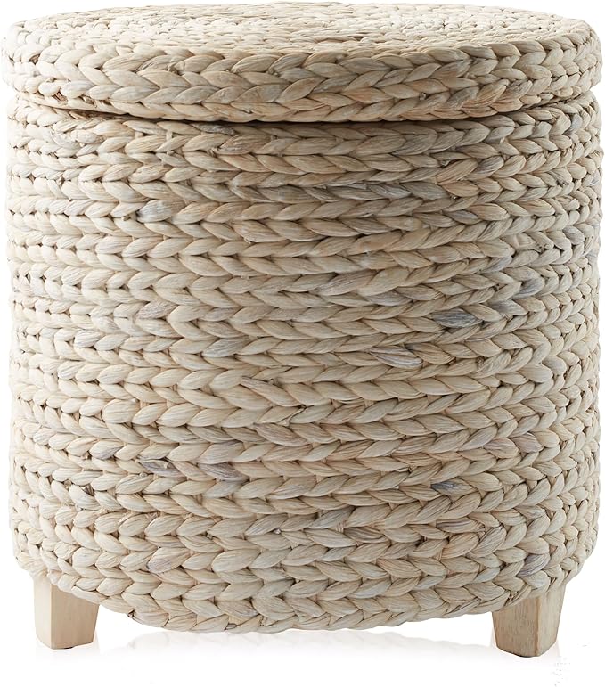 Casafield 17" Round Storage Ottoman with Lid - Whitewash, Handwoven Water Hyacinth Footstool for Living Room, Bedroom, Bathroom, Home Office-NeatNest