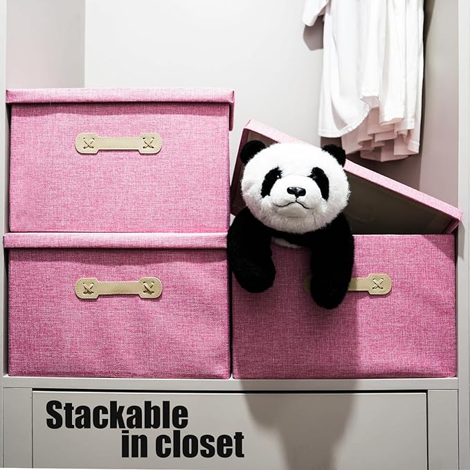 Enzk&Unity Decorative Storage Bins with Lids, Fabric Linen Foldable Storage Box with Handle Home Organizer for Shelf, Closet, Bedroom, Living Room, Office, 3 Packs, Pink-NeatNest