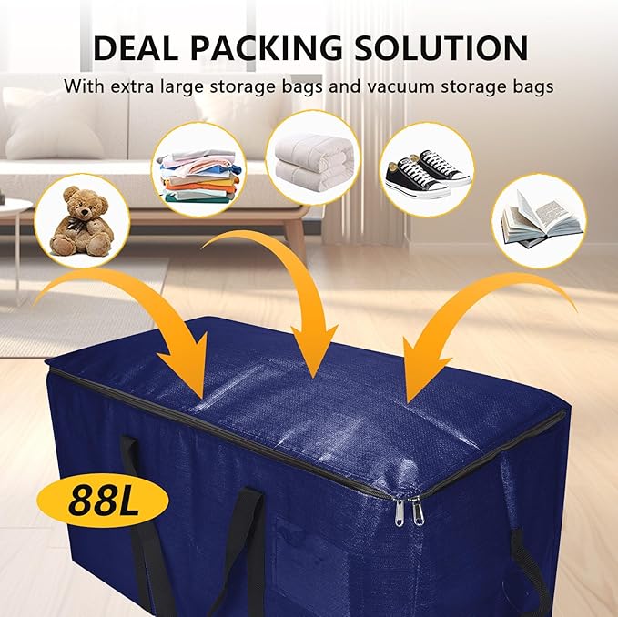 Extra Large Storage Bags Set Heavy Duty Moving Totes With Backpack Straps – Strong Handles & Zippers, (Blue, 12 Park-2 Moving bag & 10 Vacuum Seal Bags)
