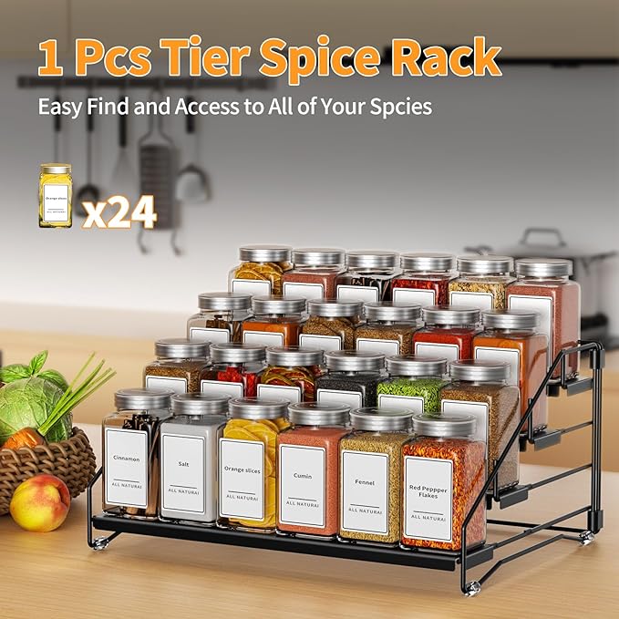 4 Tier Spice Rack for Cabinet, Spice Rack Organizer, Depth Adjustable Spice Holder for Countertop, Cupboard, Pantry, Seasoning Shelf, Metal, Black (1 Pack)